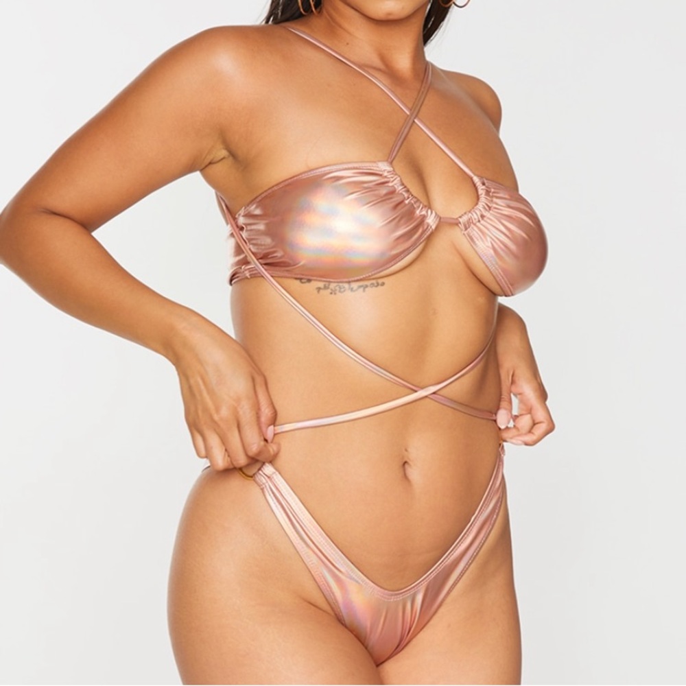 PrettyLittleThing Pink Holographic Bikini Set size 12